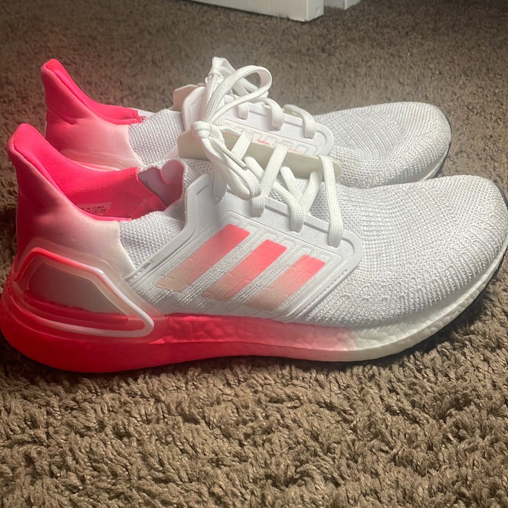 Women’s Adidas white and bright pink running shoes. Size 10, worn once.
